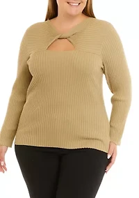 Plus Long Sleeve Twist Front Rib Cut Out Top