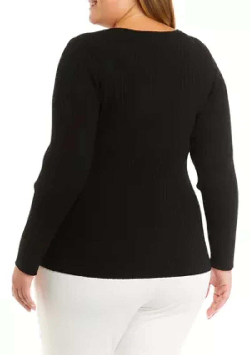 Plus Long Sleeve Twist Front Rib Cut Out Top