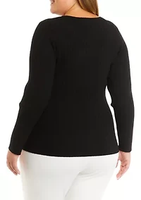 Plus Long Sleeve Twist Front Rib Cut Out Top