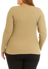 Plus Long Sleeve Twist Front Rib Cut Out Top