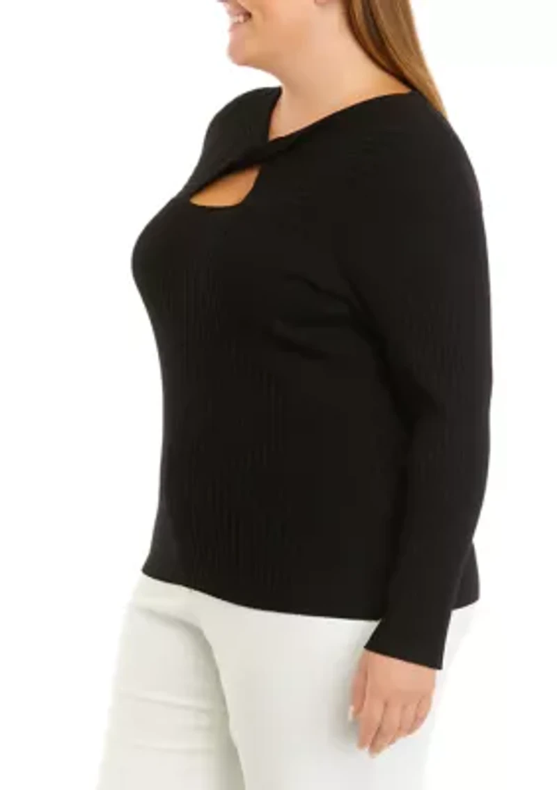 Plus Long Sleeve Twist Front Rib Cut Out Top