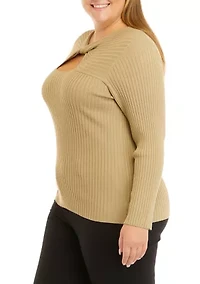 Plus Long Sleeve Twist Front Rib Cut Out Top