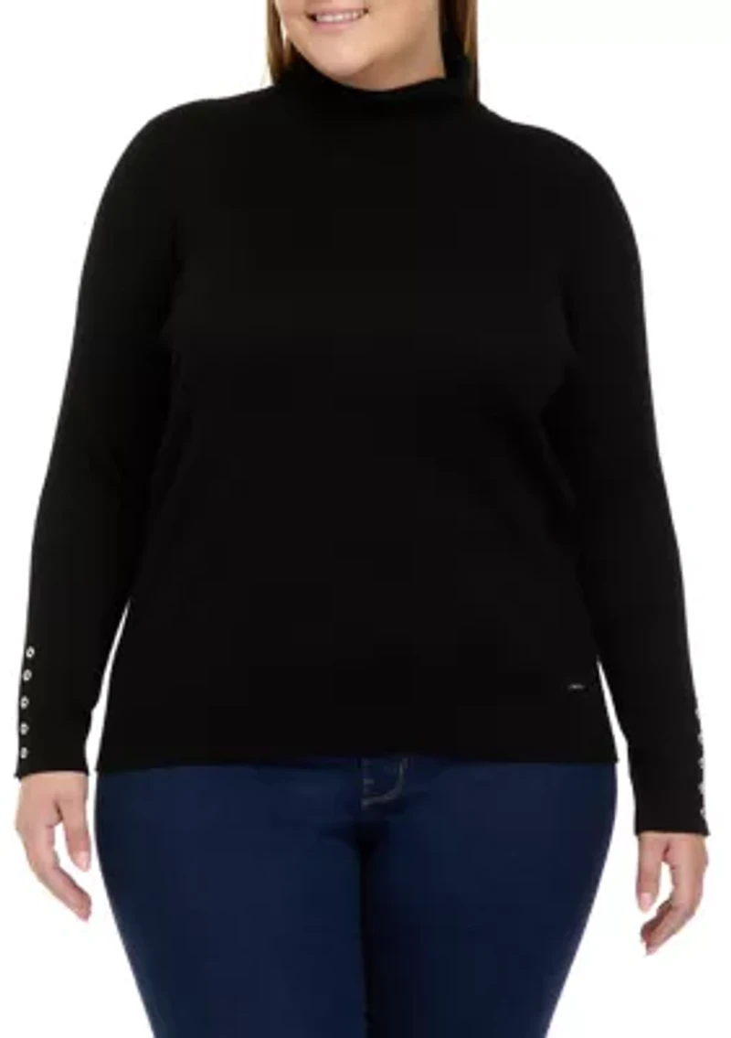 Plus Ribbed Turtleneck Sweater with Button Sleeves