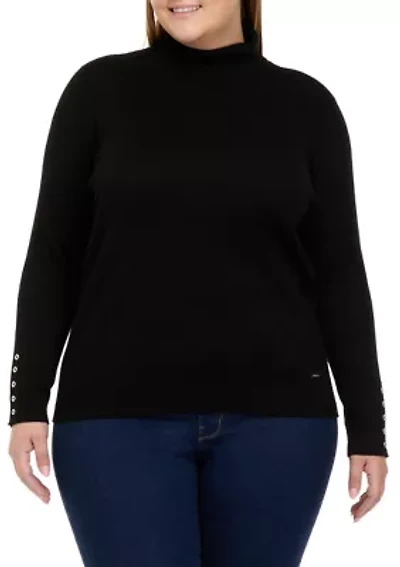 Plus Ribbed Turtleneck Sweater with Button Sleeves