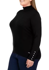 Plus Ribbed Turtleneck Sweater with Button Sleeves
