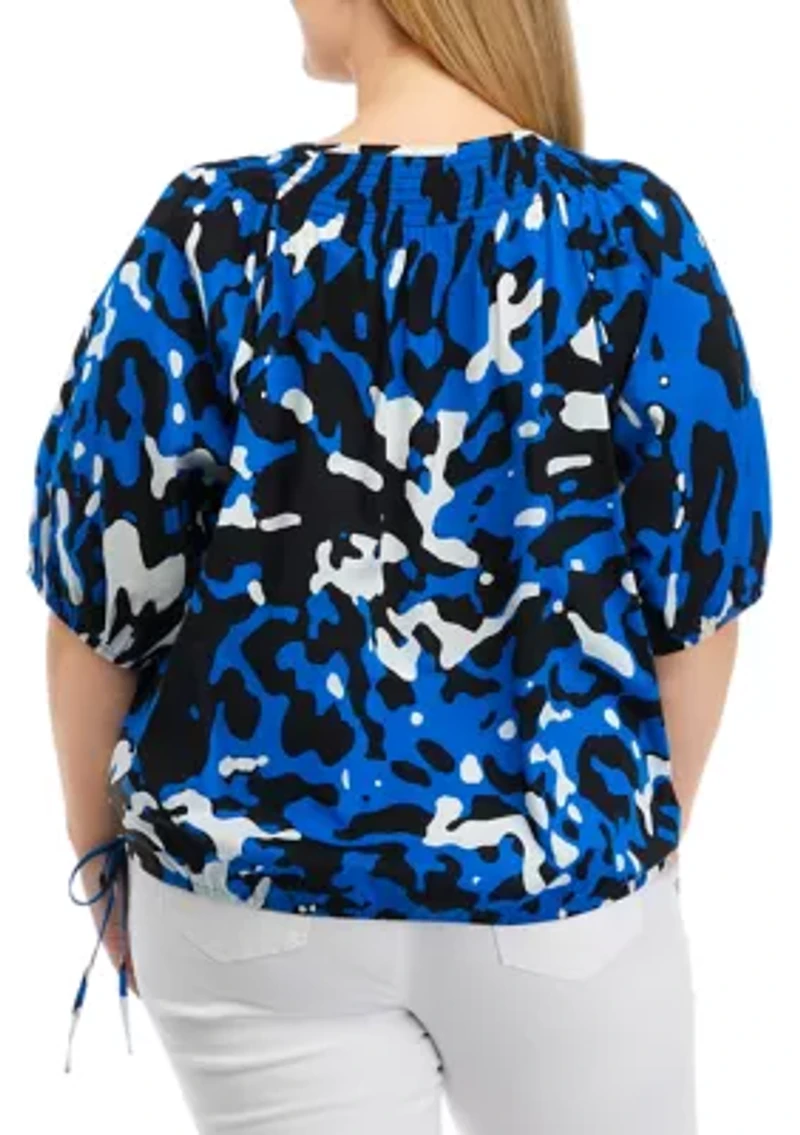 Plus Elbow Sleeve Smocked Yoke Top