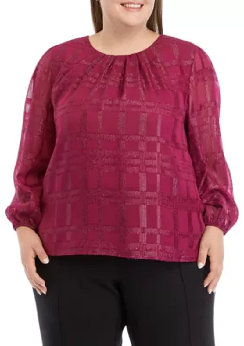 Plus Long Sleeve Windowpane Metallic Woven Top