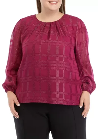 Plus Long Sleeve Windowpane Metallic Woven Top