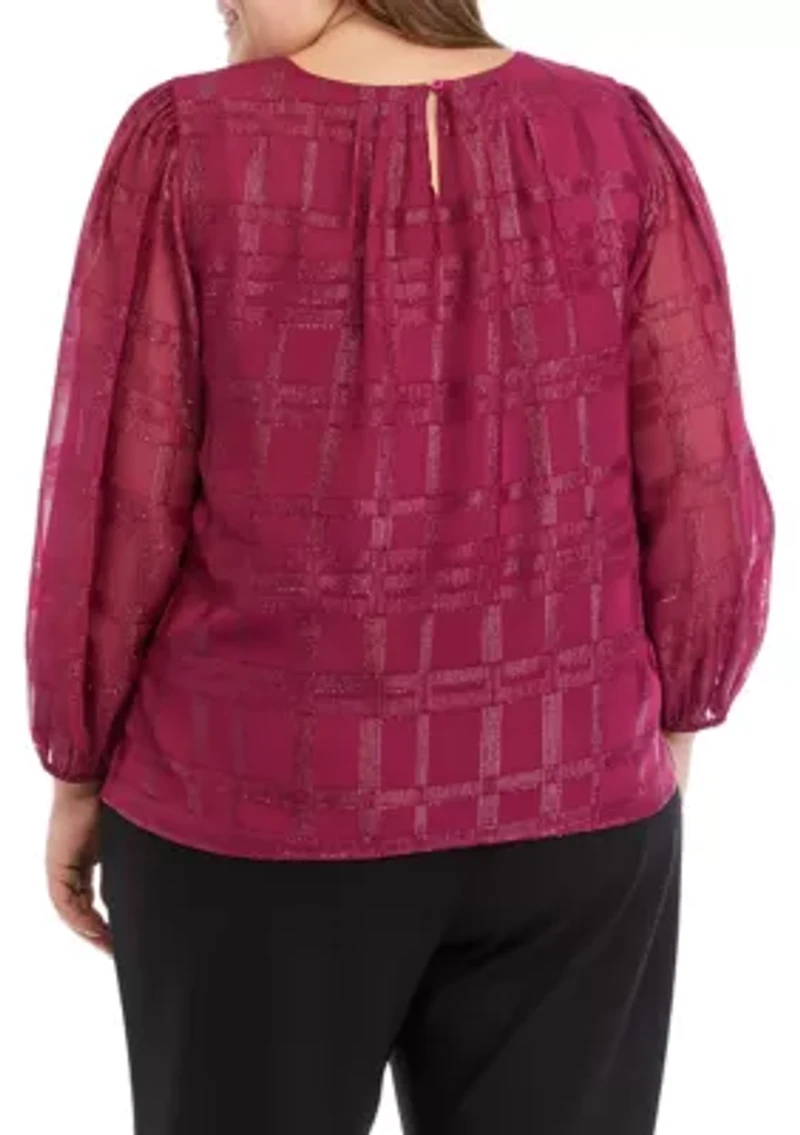 Plus Long Sleeve Windowpane Metallic Woven Top