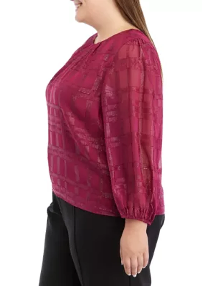 Plus Long Sleeve Windowpane Metallic Woven Top