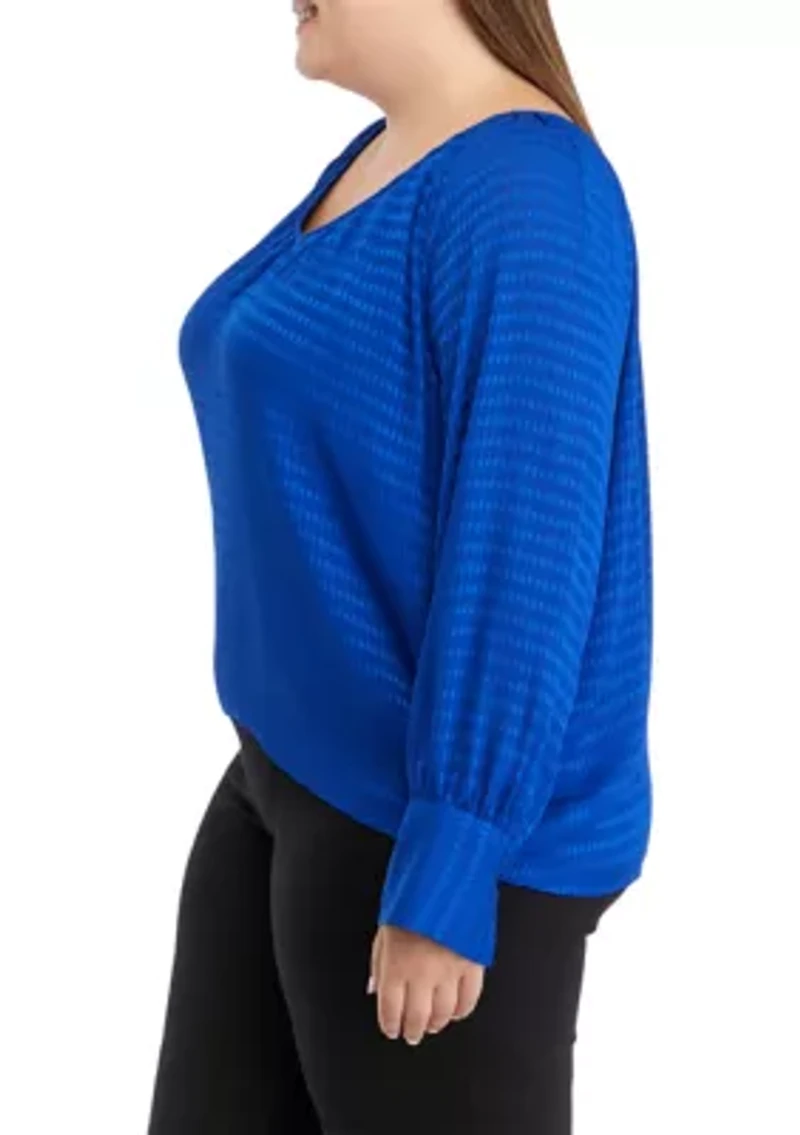 Plus Long Sleeve Tiled Chiffon V-Neck Top
