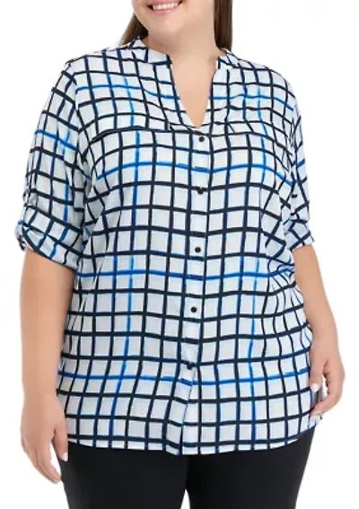 Plus Printed Split Neck Roll Sleeve Top