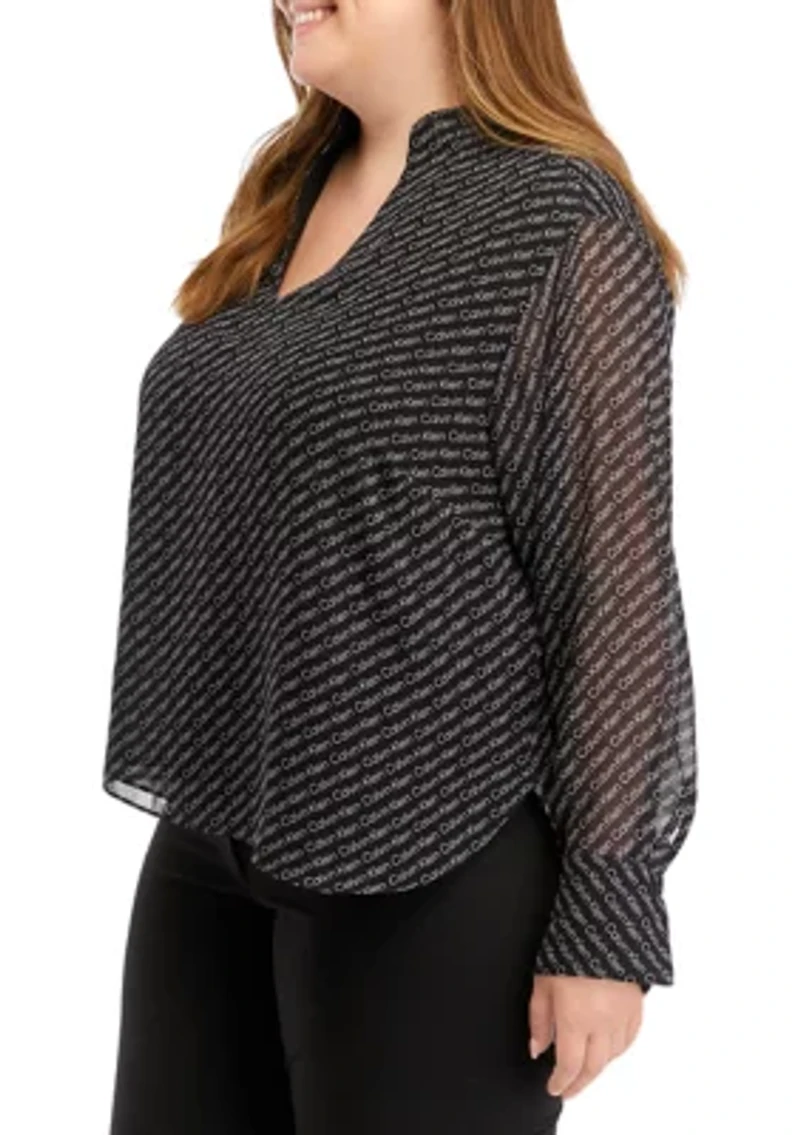 Plus Chiffon Sleeve Logo Woven Top