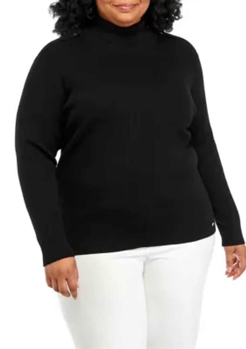 Plus Button Shoulder Ribbed Turtleneck Sweater
