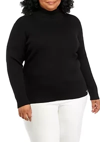 Plus Button Shoulder Ribbed Turtleneck Sweater