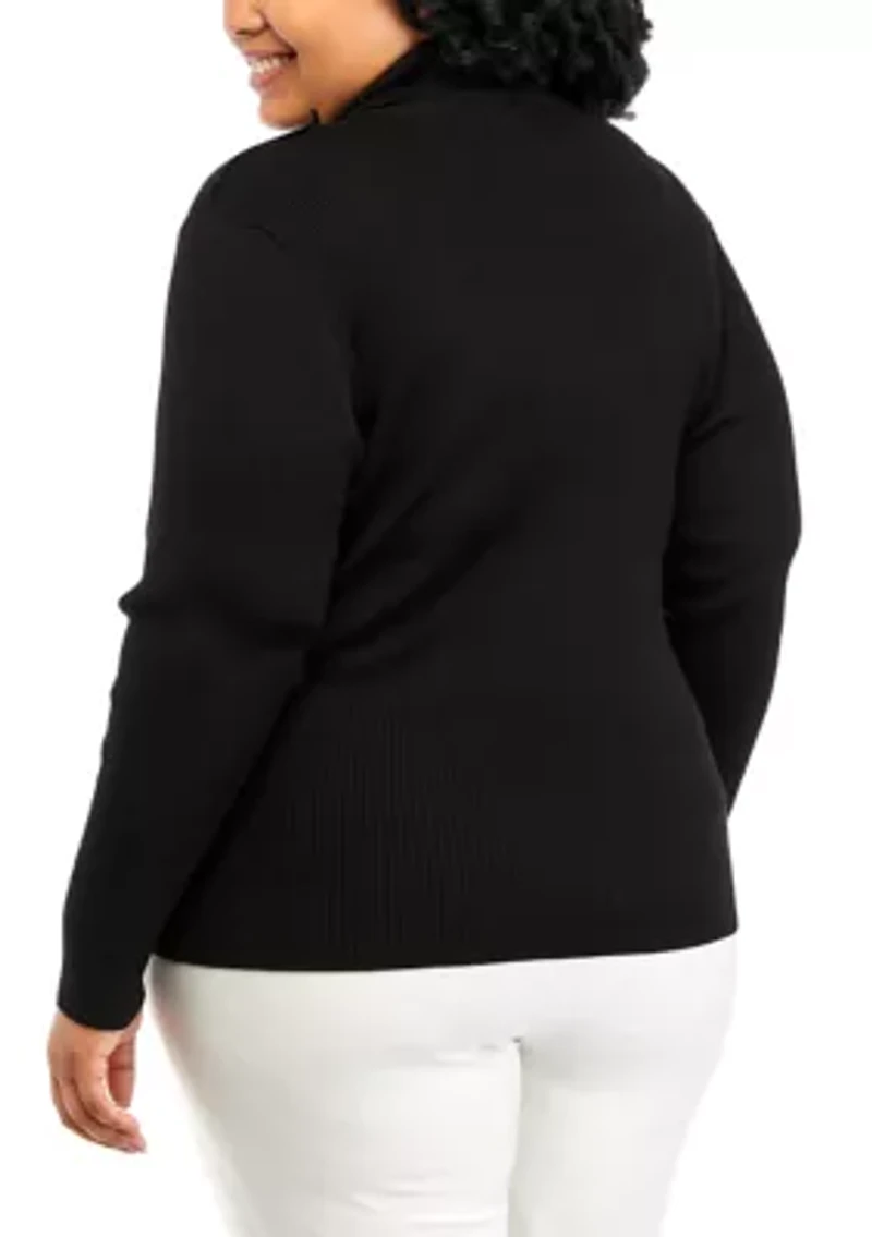 Plus Button Shoulder Ribbed Turtleneck Sweater