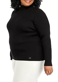 Plus Button Shoulder Ribbed Turtleneck Sweater