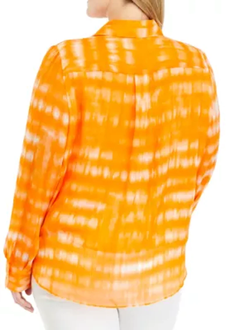 Plus Long Sleeve Crinkle Chiffon Tie Front Blouse