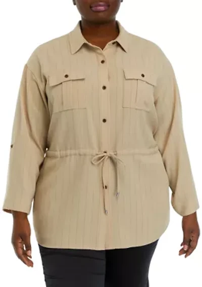 Plus Roll Sleeve Textured Stripe Shirt Jacket