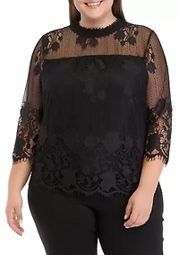 Plus 3/4 Sleeve Mock Neck Lace Top