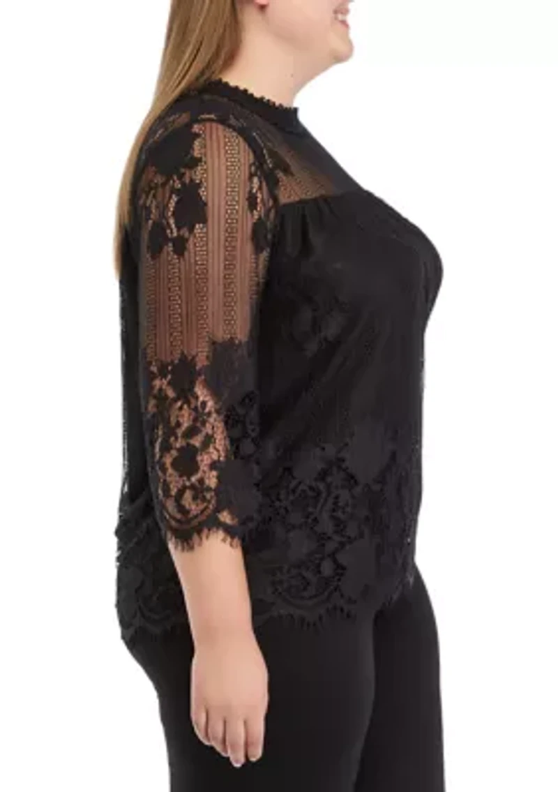 Plus 3/4 Sleeve Mock Neck Lace Top