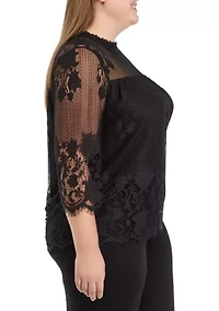 Plus 3/4 Sleeve Mock Neck Lace Top