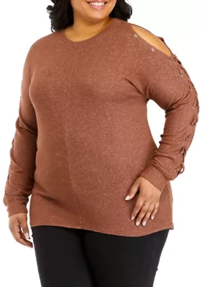Plus Long Sleeve Cold Shoulder Grommet Top