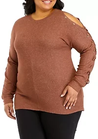 Plus Long Sleeve Cold Shoulder Grommet Top