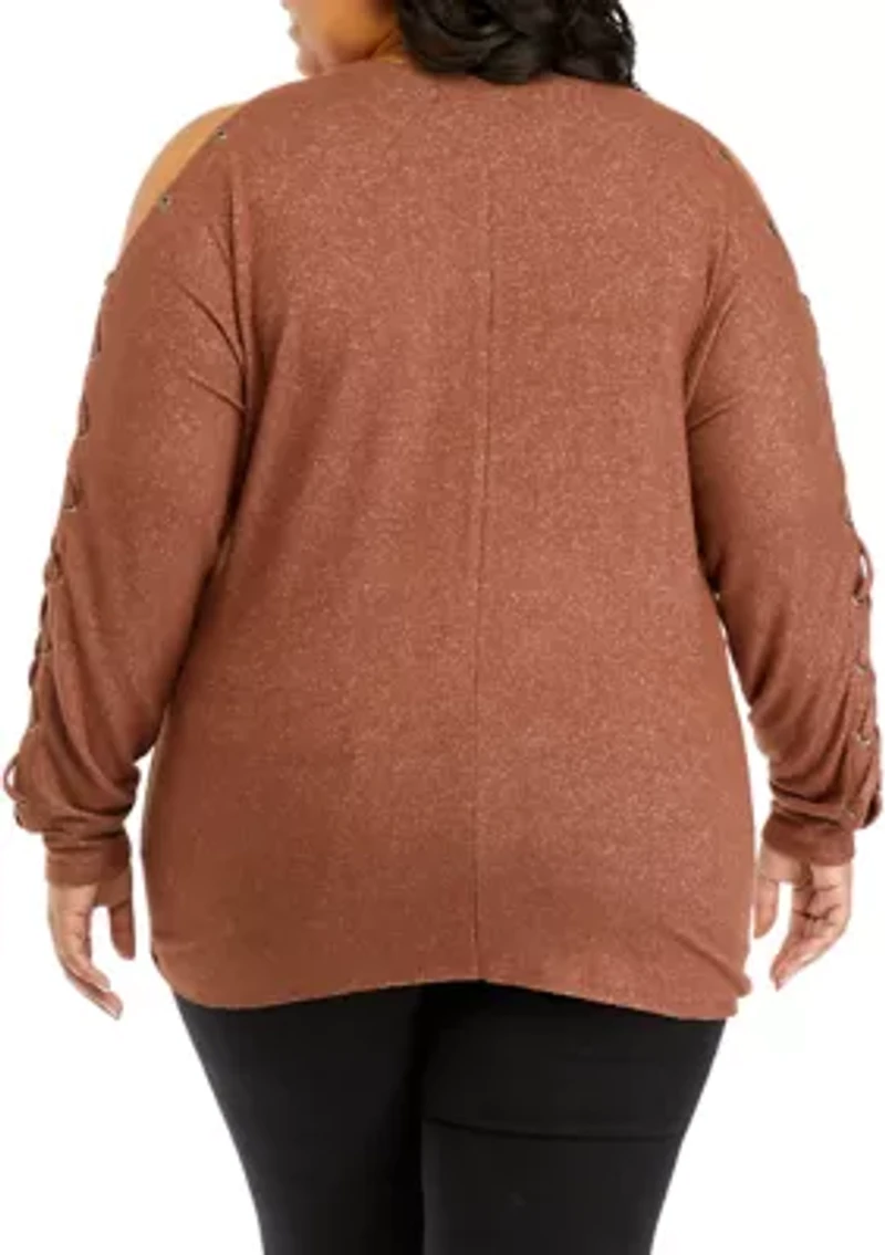 Plus Long Sleeve Cold Shoulder Grommet Top