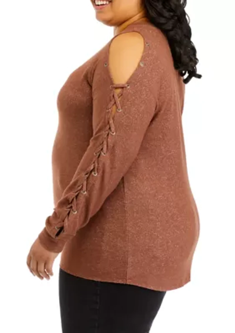 Plus Long Sleeve Cold Shoulder Grommet Top