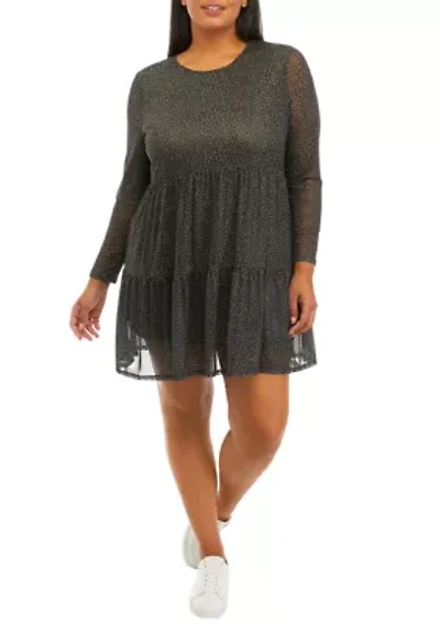 Plus Long Sleeve Babydoll Mesh Dress
