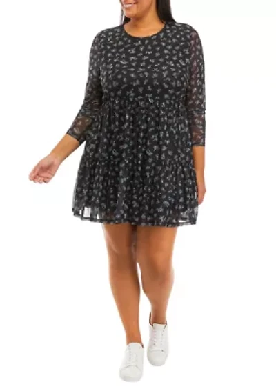 Plus Long Sleeve Babydoll Mesh Dress