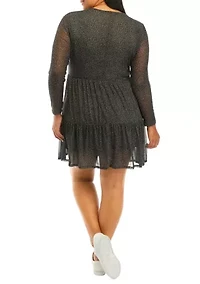 Plus Long Sleeve Babydoll Mesh Dress