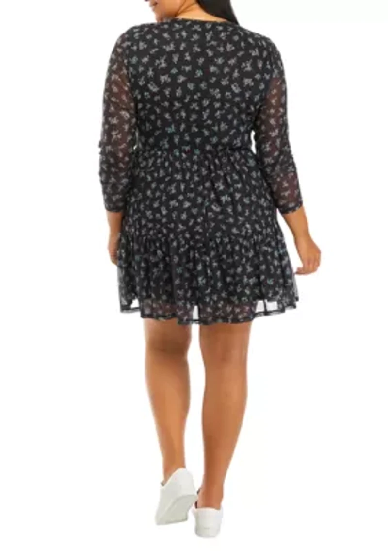 Plus Long Sleeve Babydoll Mesh Dress