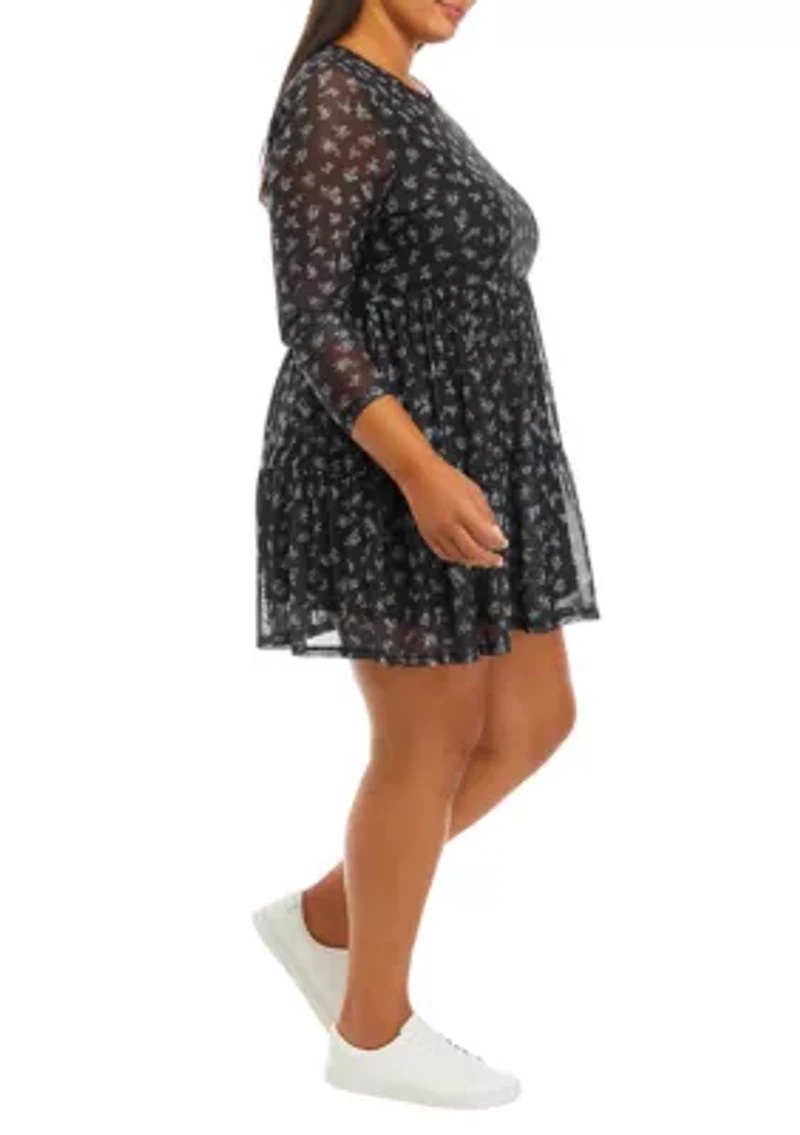 Plus Long Sleeve Babydoll Mesh Dress