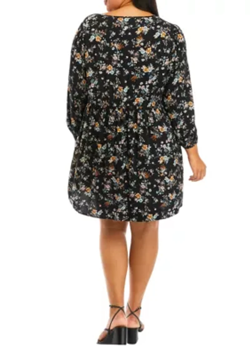 Plus 3/4 Blouson Sleeve Floral Babydoll Dress