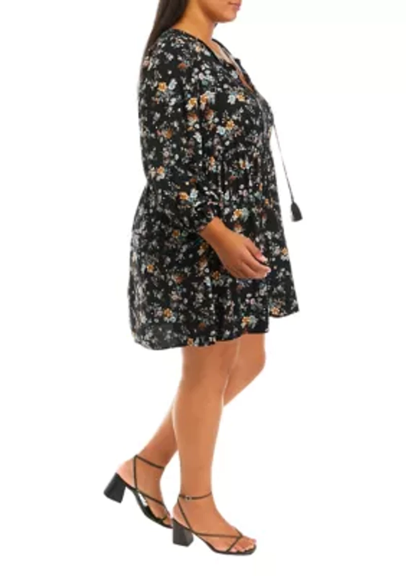 Plus 3/4 Blouson Sleeve Floral Babydoll Dress
