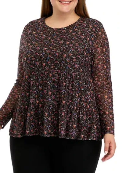 Plus Long Sleeve Mesh Babydoll Top