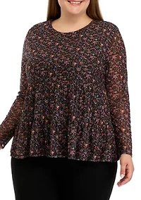 Plus Long Sleeve Mesh Babydoll Top