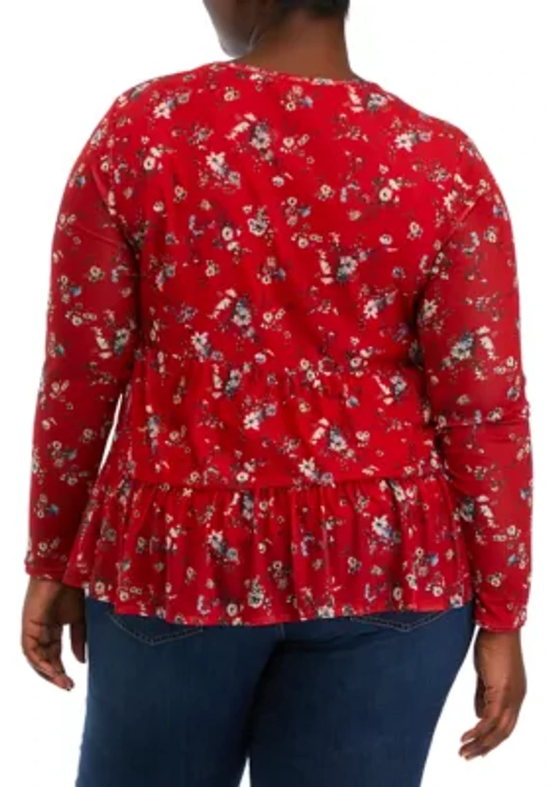 Plus Long Sleeve Mesh Babydoll Top