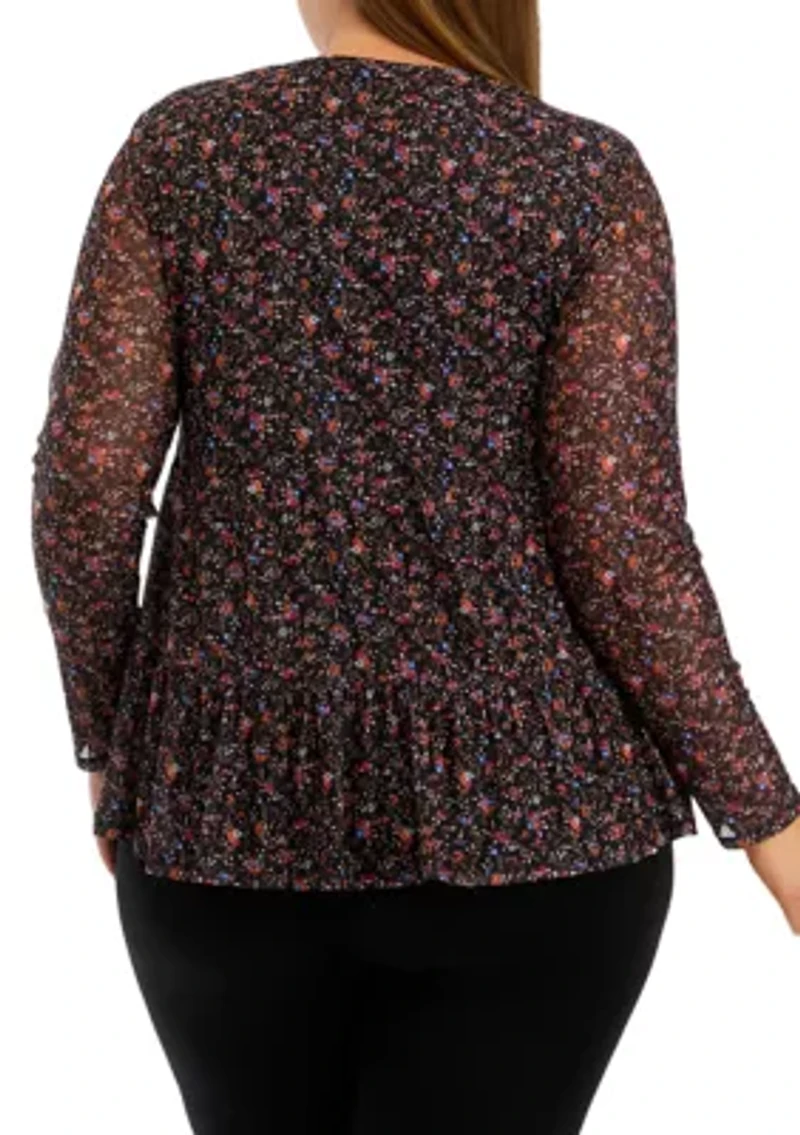Plus Long Sleeve Mesh Babydoll Top