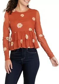 Juniors' Long Sleeve Mesh Babydoll Top