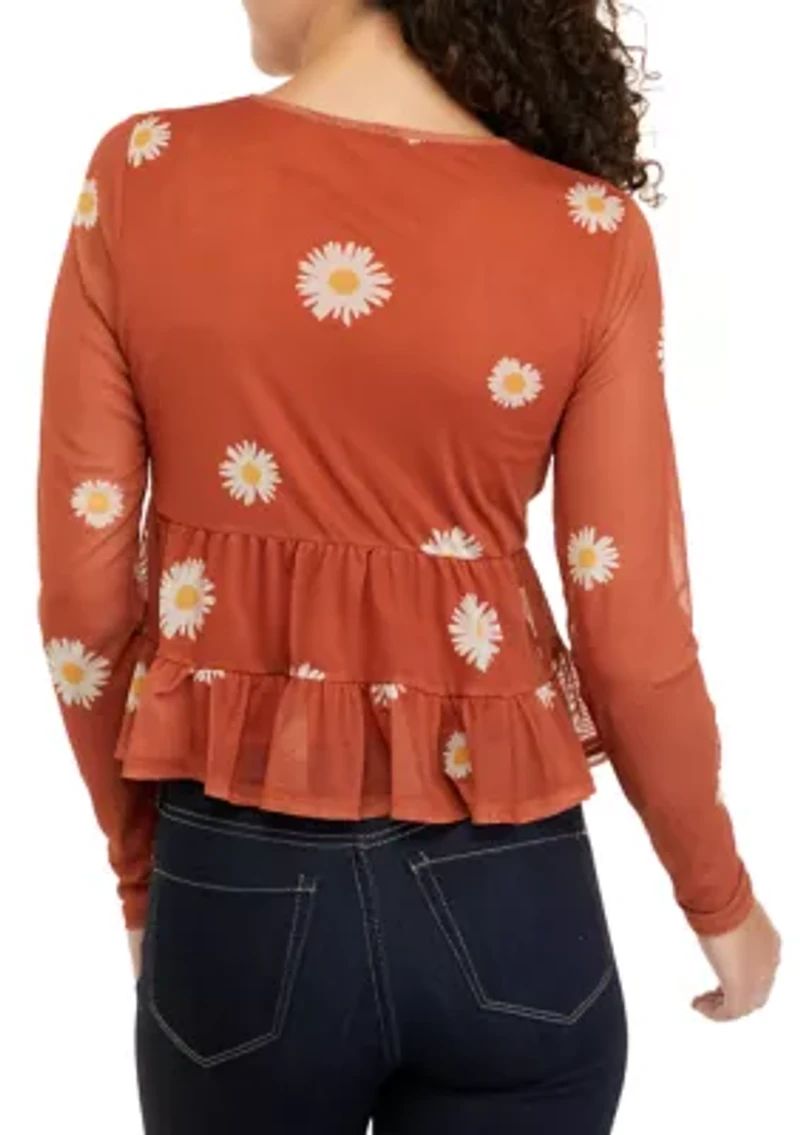 Juniors' Long Sleeve Mesh Babydoll Top