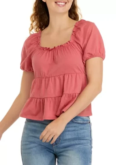 Juniors' Short Sleeve Square Neck Tiered Babydoll Top