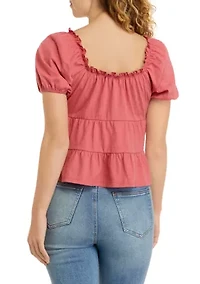 Juniors' Short Sleeve Square Neck Tiered Babydoll Top