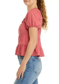 Juniors' Short Sleeve Square Neck Tiered Babydoll Top