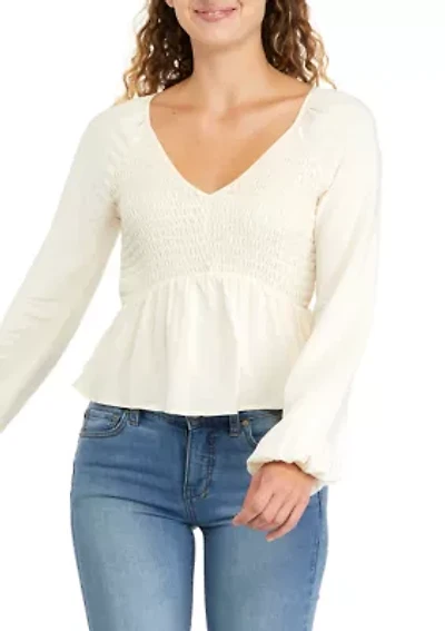 Juniors' Long Sleeve Smocked Peplum Top
