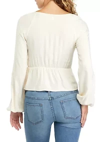 Juniors' Long Sleeve Smocked Peplum Top