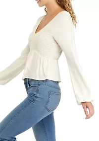Juniors' Long Sleeve Smocked Peplum Top