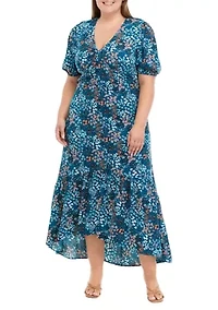 Plus Puff Sleeve Floral Midi Dress